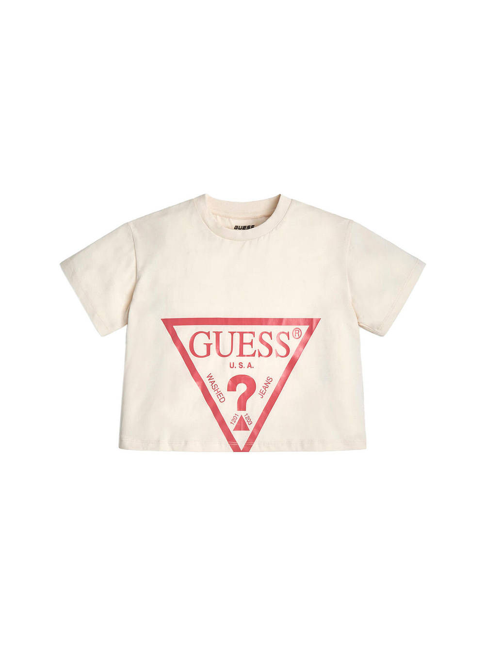 Футболка GUESS Экрю/Термопринт: розовый треугольник-логотип (Девочка)