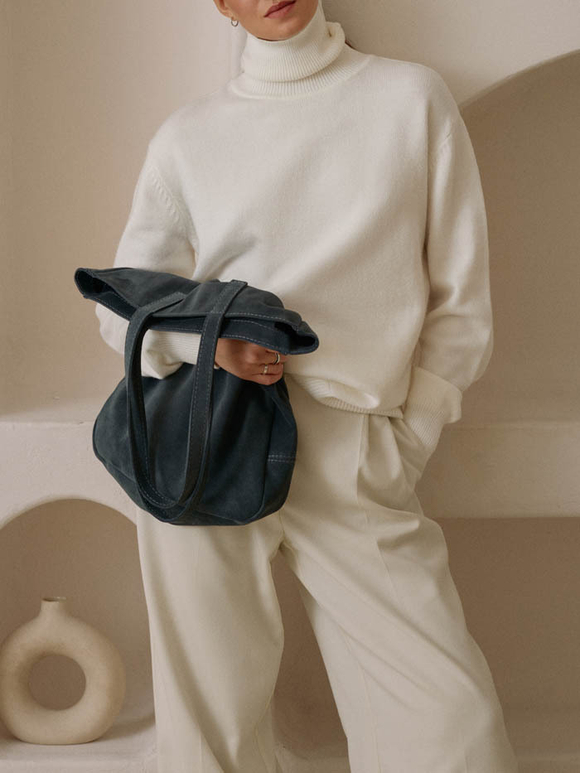 сумка шоппер серо-синий на молнии замша