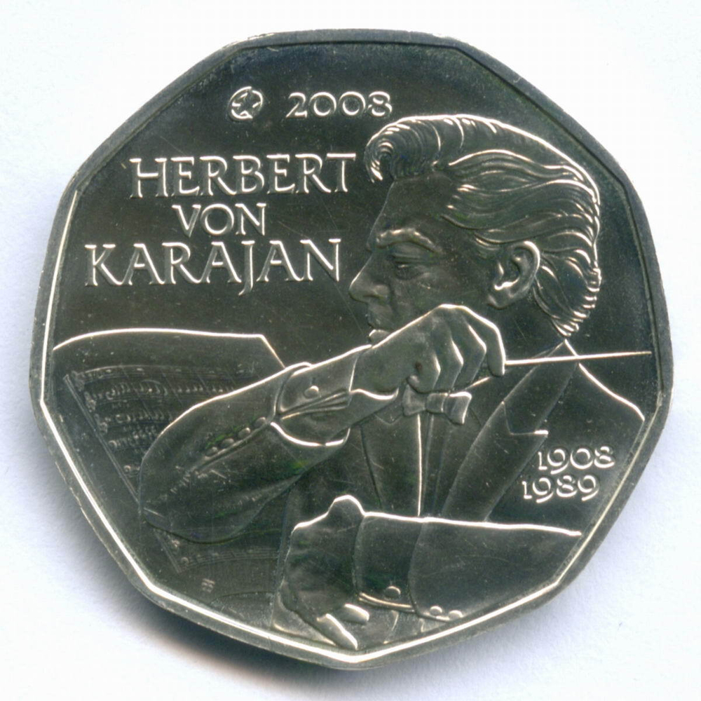 5 евро 2008 год. Австрия. 100 лет со дня рождения Герберта фон Караяна. UNC