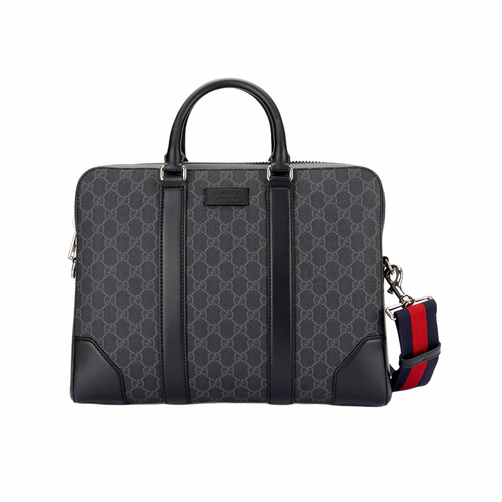 GUCCI Canvas With Leather Briefcase, Shoulder Bag, Crossbody Bag, Handbag Men"s Black