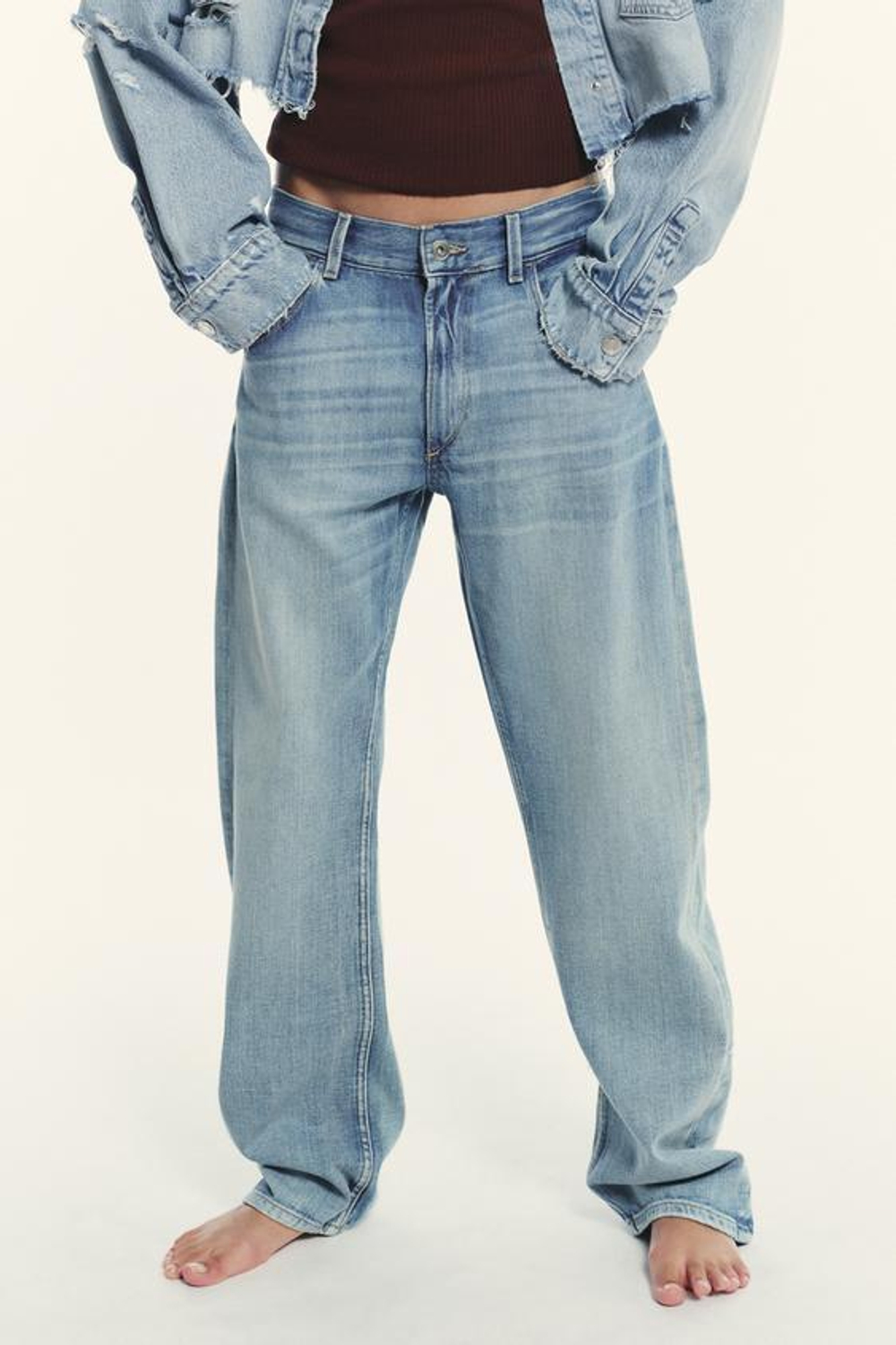 ZARA ДЖИНСЫ TRF ПРЯМОГО КРОЯ СО ШЛЕВКАМИ И СРЕДНЕЙ ПОСАДКОЙ, СИНИЙ