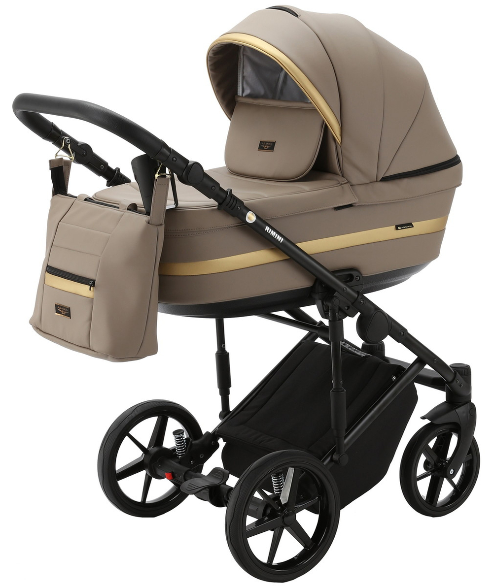 Детская коляска Adamex Rimini Deluxe 3 в 1 RI214 Т.БЕЖ.КОЖА+ЗОЛОТО.ОТДЕЛКА