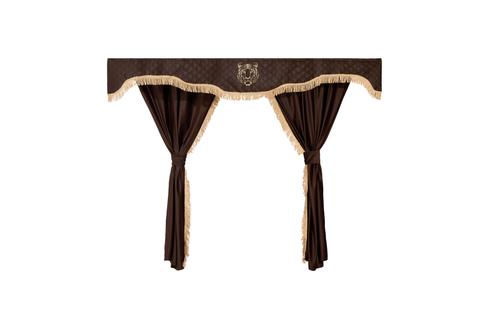 Шторы спального места с прихватами в кабину грузовика. Ламбрекен из экокожи с вышивкой Тигр и прихватами. Высота 1,5м, ширина одной стороны - 1,15м. Блэкаут, велюр. Коричневый цвет с бежевой бахромой