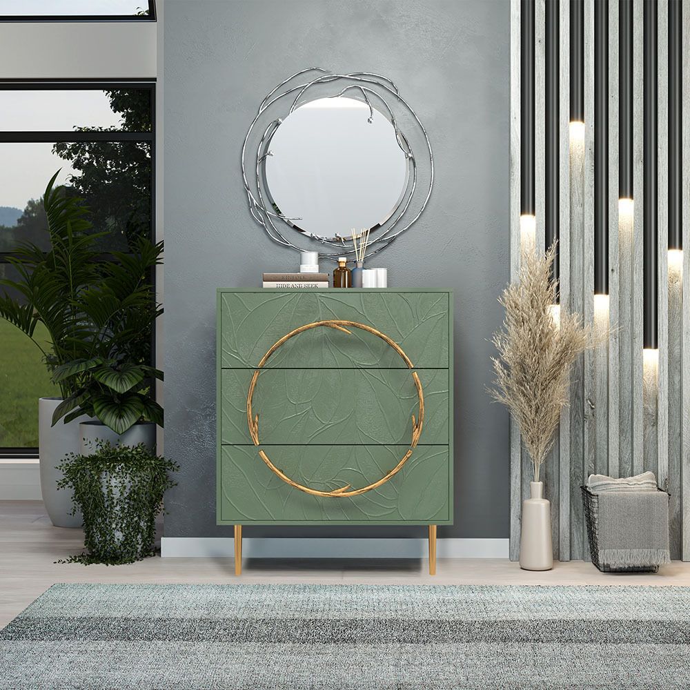 Комод Арт Колор leaves Стайл Голд с 3 ящиками Зеленый нефрит