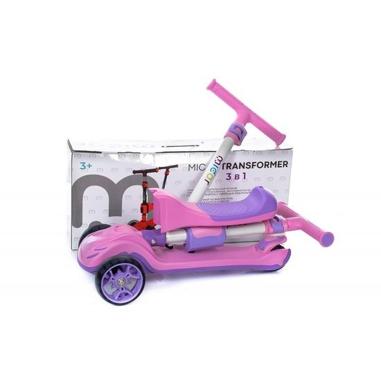 Самокат-беговел 3 в 1 Scooter Micar Transformer складной со светящимися колесами, сиденьем и родительской ручкой розовый