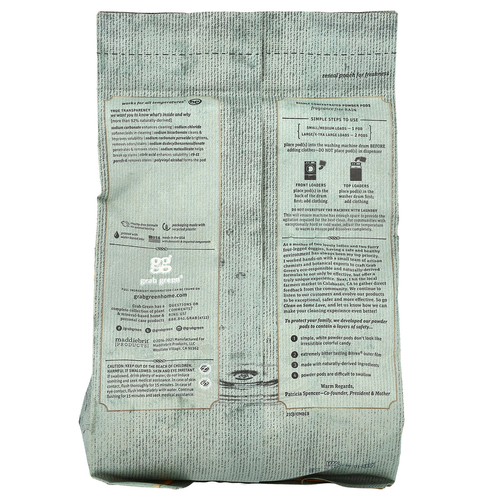 Grab Green, Stoneworks®, стиральные порошки в капсулах, без запаха, от дождя, 50 порций, 750 г (1,65 фунта)