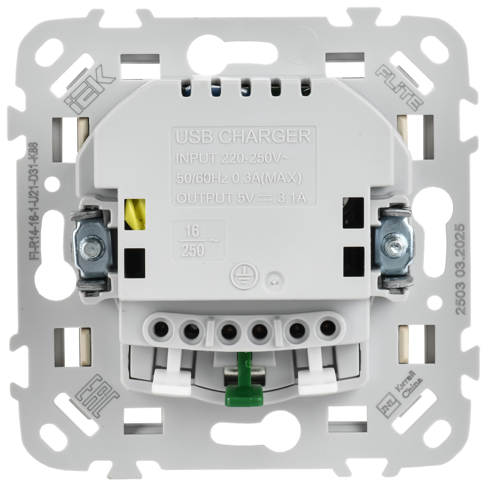 FLITE Розетка 1-местная с заземлением с защитными шторками 16А с USB A+A 3,1А безвинтовое крепление РСЮша11-1-ФлЛ льняной IEK
