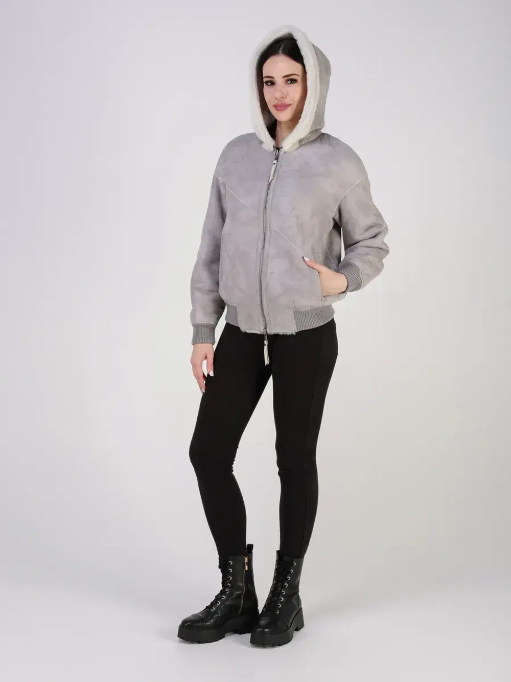 Двусторонняя дубленка зимняя шуба натуральная с капюшоном