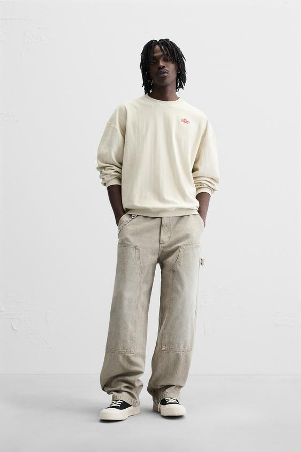 ZARA БРЮКИ КАРГО ОВЕРСАЙЗ ИЗ СТИРАННОГО ДЕНИМА С КАРМАНОМ, КАМЕННО-СЕРЫЙ