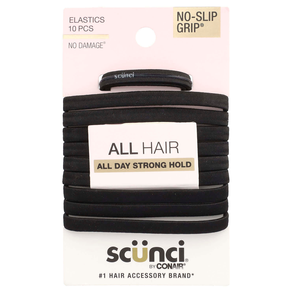 Scunci, Резинки для волос No Slip Grip, удобные, крепко удерживают волосы весь день, черные, 10 штук