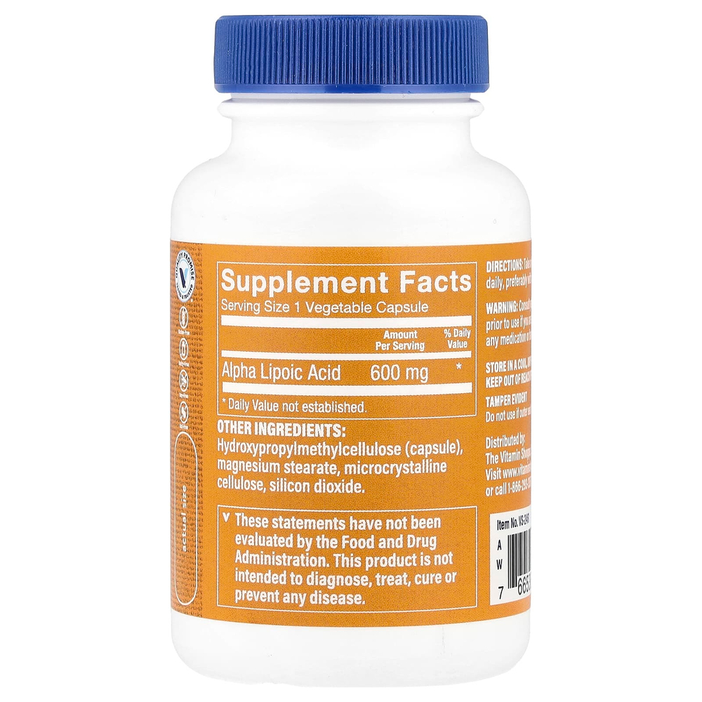 The Vitamin Shoppe, альфа-липоевая кислота, 600 мг, 60 вегетарианских капсул