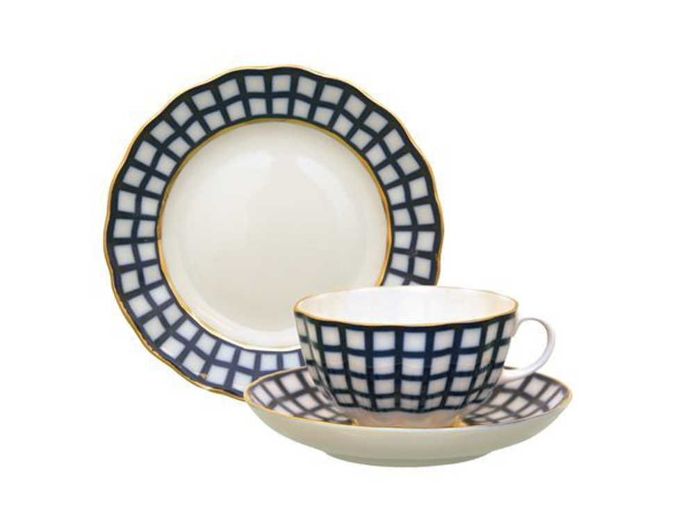 Трехпредметный комплект чайный форма Тюльпан рисунок Кобальтовая клетка арт. 81.14854.00.1