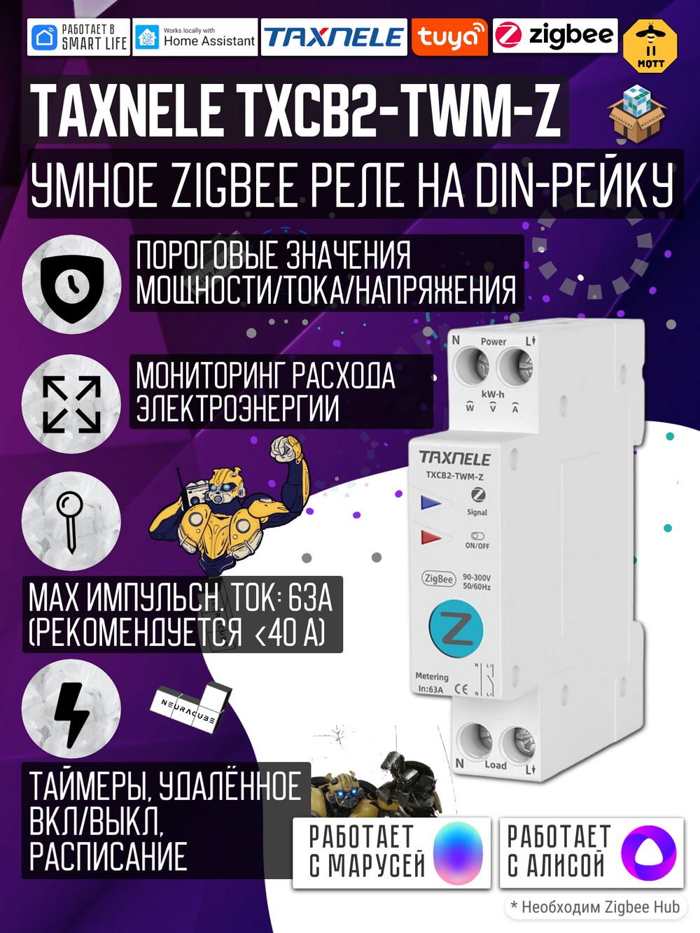 Умное Zigbee реле (выключатель) на DIN-рейку Taxnele TXCB2-TWM-Z с мониторингом энергопотребления (Tuya / Smart Life)