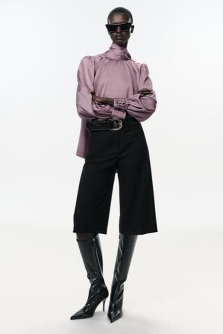 ZARA АТЛАСНАЯ РУБАШКА С БАНТОМ, ЦВЕТ МАЛЬВЫ