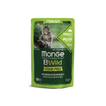 Влажный корм Monge Cat BWild GRAIN FREE для стерилизованных кошек, беззерновой, из мяса дикого кабана с овощами, паучи 85 г - 28 шт