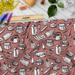 Ткань атлас кухонная утварь на коралловом фоне