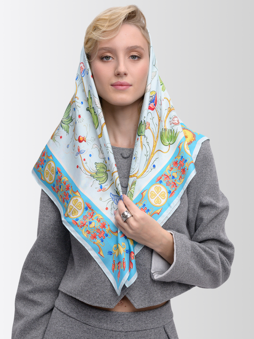 Платок «Зачатьевская роспись. Райский сад» голубой 100% шёлк
