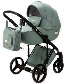 Детская коляска Adamex Luciano Deluxe 2 в 1 Q114-С (СЕРО-ЗЕЛЕН.КОЖА 100%+ЧЕРАЯ РАМА)
