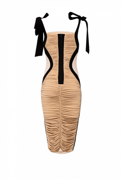 Платье чёрное в сборку с боковыми бежевыми рельефами 02-01-21SS