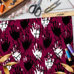 Ткань оксфорд 600 белые и чёрные отпечатки ладоней на бордовом фоне