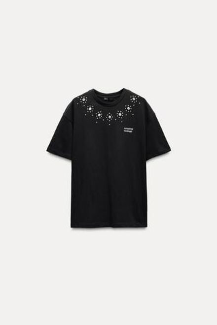 ZARA ФУТБОЛКА С НАДПИСЬЮ И СТРАЗАМИ, ЧЕРНЫЙ