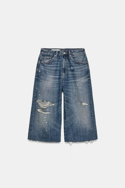 ZARA ДЖИНСОВЫЕ ШОРТЫ TRF СО СРЕДНЕЙ ПОСАДКОЙ И РАЗРЕЗАМИ, ГОЛУБОЙ