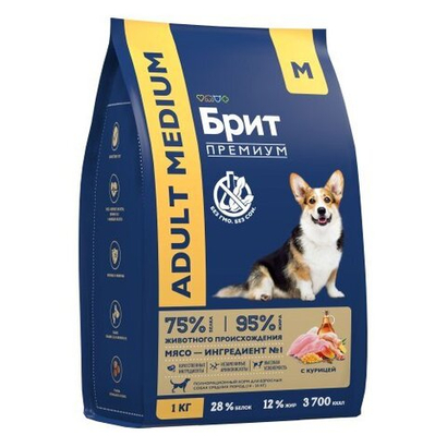 Сухой корм для собак средних пород Брит BRIT PREMIUM Dog Adult Medium с курицей, 1кг