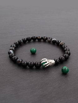 Рука да Винчи — браслет из Чёрного агата с полосками + шарм с Малахитом (серебро)