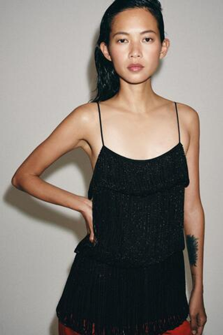 ZARA ТОП СО СБОРКАМИ И БУСИНАМИ — ZW COLLECTION, ЧЕРНЫЙ
