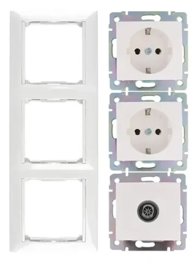 Комплект розетка-2 шт+ТВ розетка-1 шт+рамка 3 поста - 1 шт белый