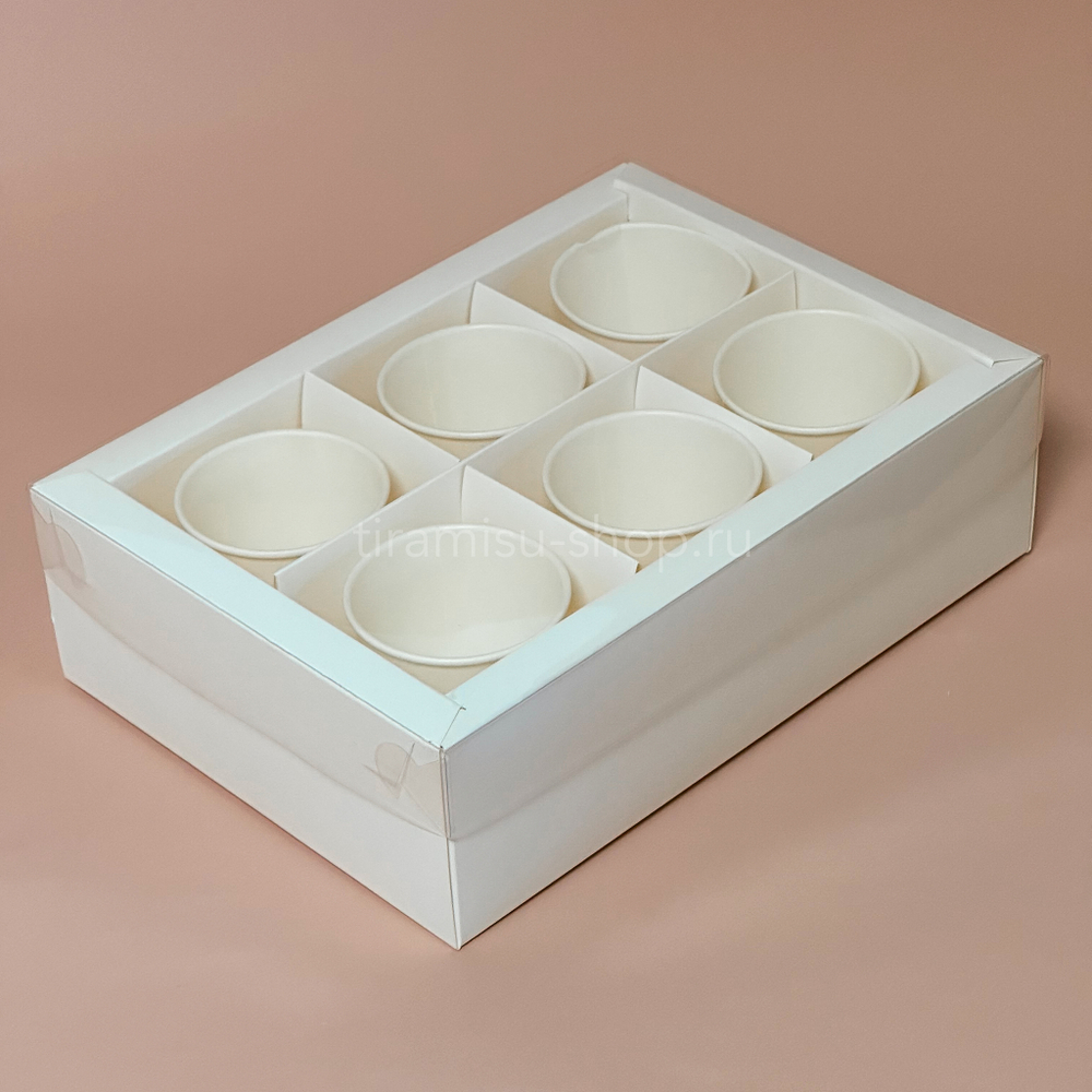 Коробка для десертов на 6 ячеек с пластиковой крышкой 24 х 17 х 7 см, белая