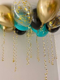 Воздушные шары на потолок бирюза/черный/золото №4375