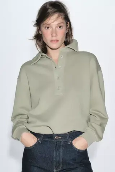 ZARA ТОЛСТОВКА С ЭФФЕКТОМ ПОТЕРТОСТИ И ВОРОТНИКОМ ПОЛО, КАМЕННО-СЕРЫЙ