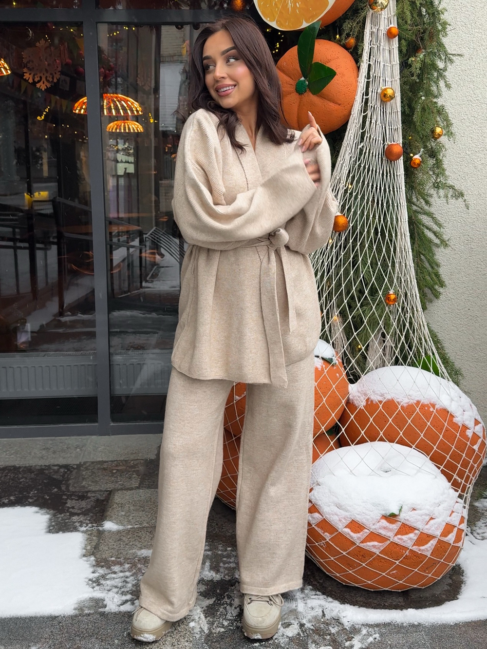 Комплект вязаный, кардиган с поясом и брюки