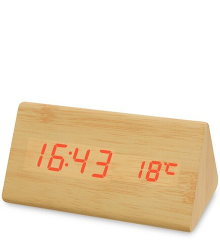 ЯЛ-07-02/ 2 Часы электронные треуг. (жёлтое дерево с оранжевой подсветкой)