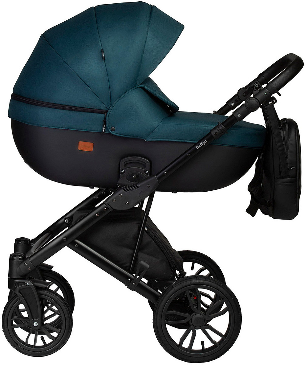 Детская коляска Indigo Mio S 3 в 1 с автокреслом Avionaut Cosmo Grey 06 черная кожа+изумрудный