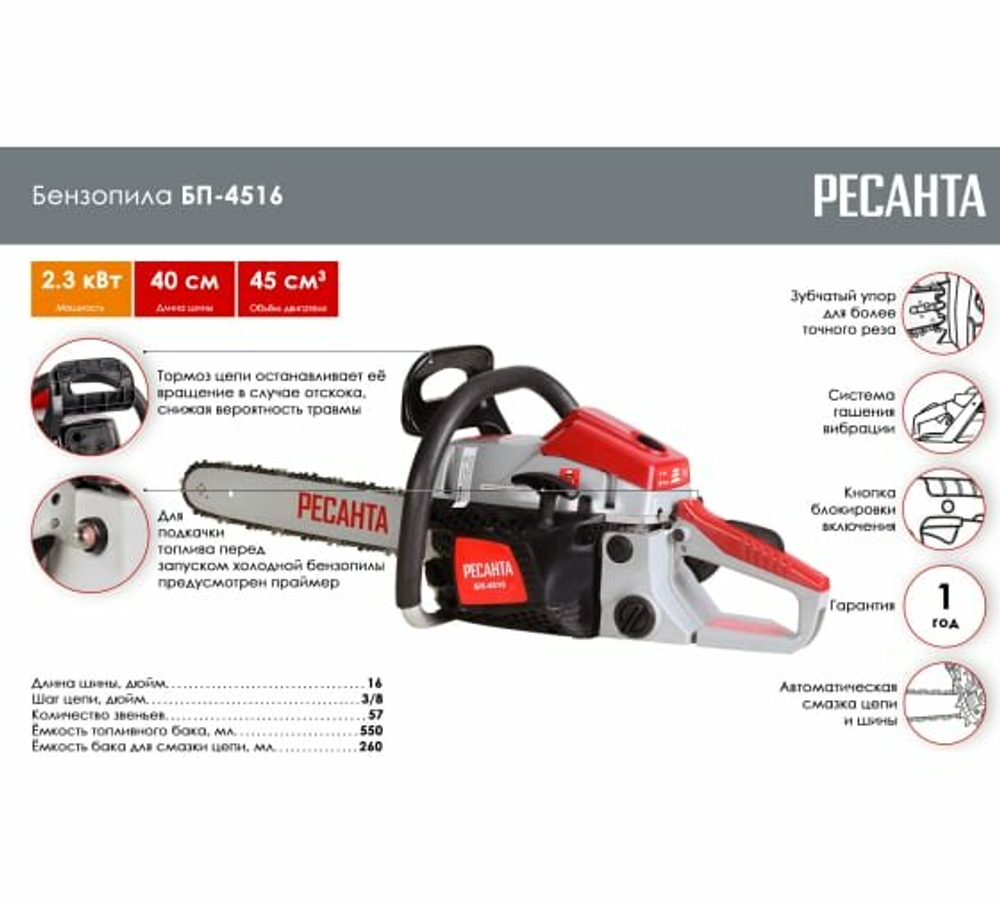 Бензопила Ресанта БП-4516, двухтактный, длина шины 40 см, 57 звеньев, 2.3 кВт