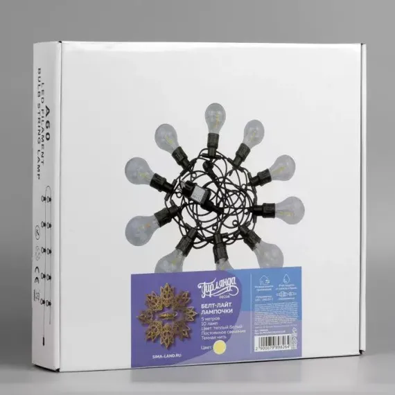 Гирлянда белт-лайт Лампочки 5 м., IP44, УМС, тёмная нить, 10 LED, свечение теплое белое, 220 В., Luazon Lighting (7989826)