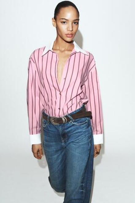 ZARA РУБАШКА ОВЕРСАЙЗ В ПОЛОСКУ С КОНТРАСТНЫМИ МАНЖЕТАМИ, РОЗОВЫЙ/БЕЛЫЙ