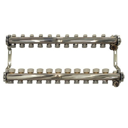 Коллекторный блок для тепл.пола и радиаторного отопления 1"x3/4"EU отв.-11, в комплекте: термостат. клапаны, микрометрич. вентили, сливн. краны, ручн