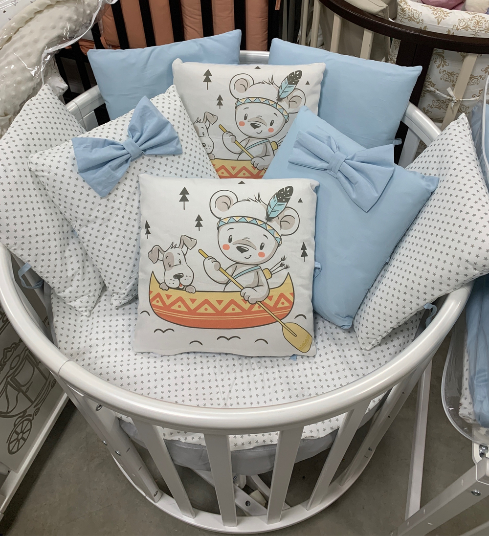 Комплект в кроватку 18 предметов "Мышка с собакой в лодочке" голубой, сатин