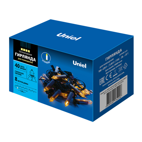 ULD-S0800-040/SGA WARM WHITE IP20 CANDLES Гирлянда светодиодная «Свеча», 8м. 40 светодиодов. Теплый белый свет. Провод зеленый. ТМ Uniel