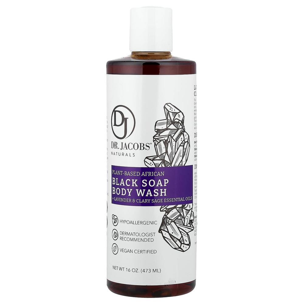 Dr. Jacobs Naturals, Африканское черное мыло для душа на растительной основе, эфирные масла лаванды и мускатного шалфея, 473 мл (16 унций)