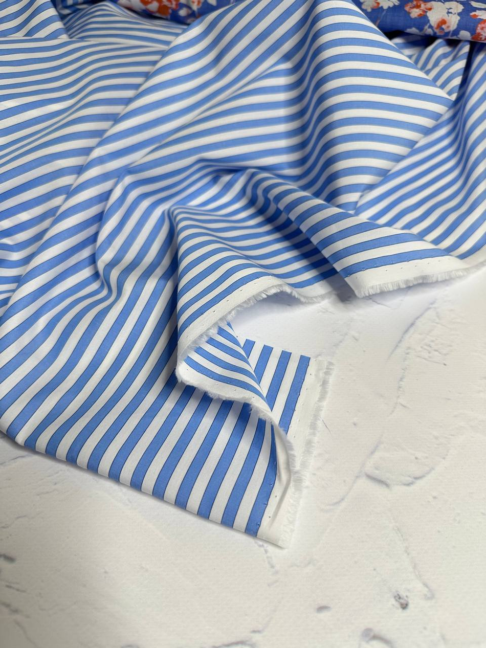 Плательно-блузочный однотонный поплин (Ralph Lauren, 100%хлопок, Бело-голубая вертикальная полоска, 148, 100 гр/м2)