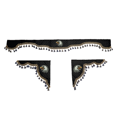 Ламбрекен с косынками универсальные стеганые Орел (экокожа, черный, синие кисточки)