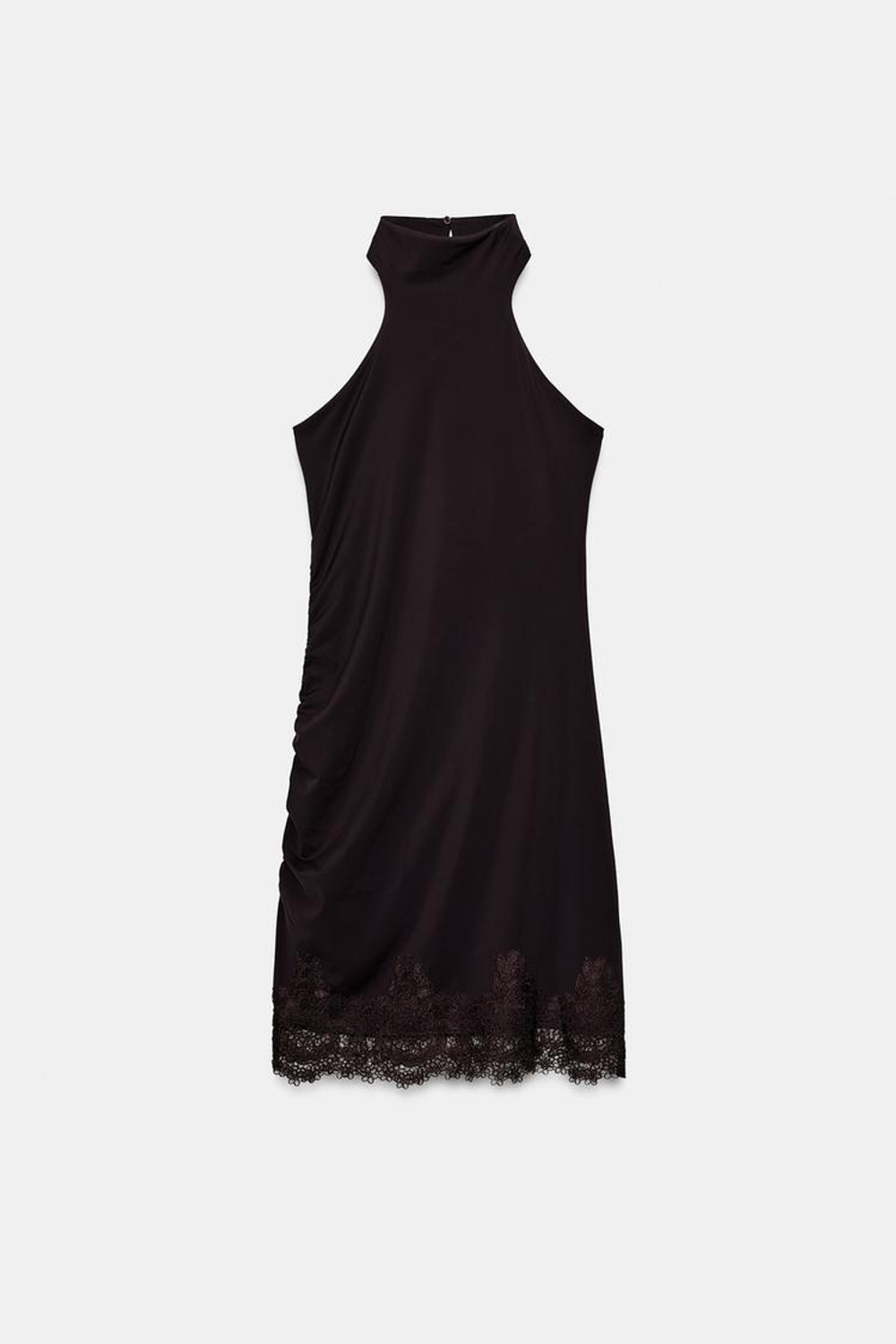 ZARA МИНИ-ПЛАТЬЕ ХАЛТЕР С КРУЖЕВОМ, КОРИЧНЕВЫЙ