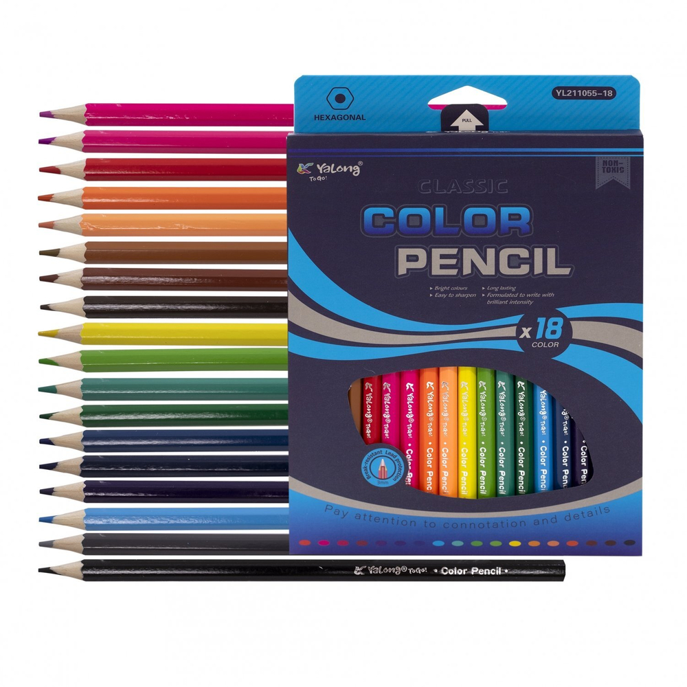 Карандаши цветные Yalong 18 цв., "Classic" деревянные, шестигранные, заточенные, грифель 3.0 мм, картон. уп, европодвес