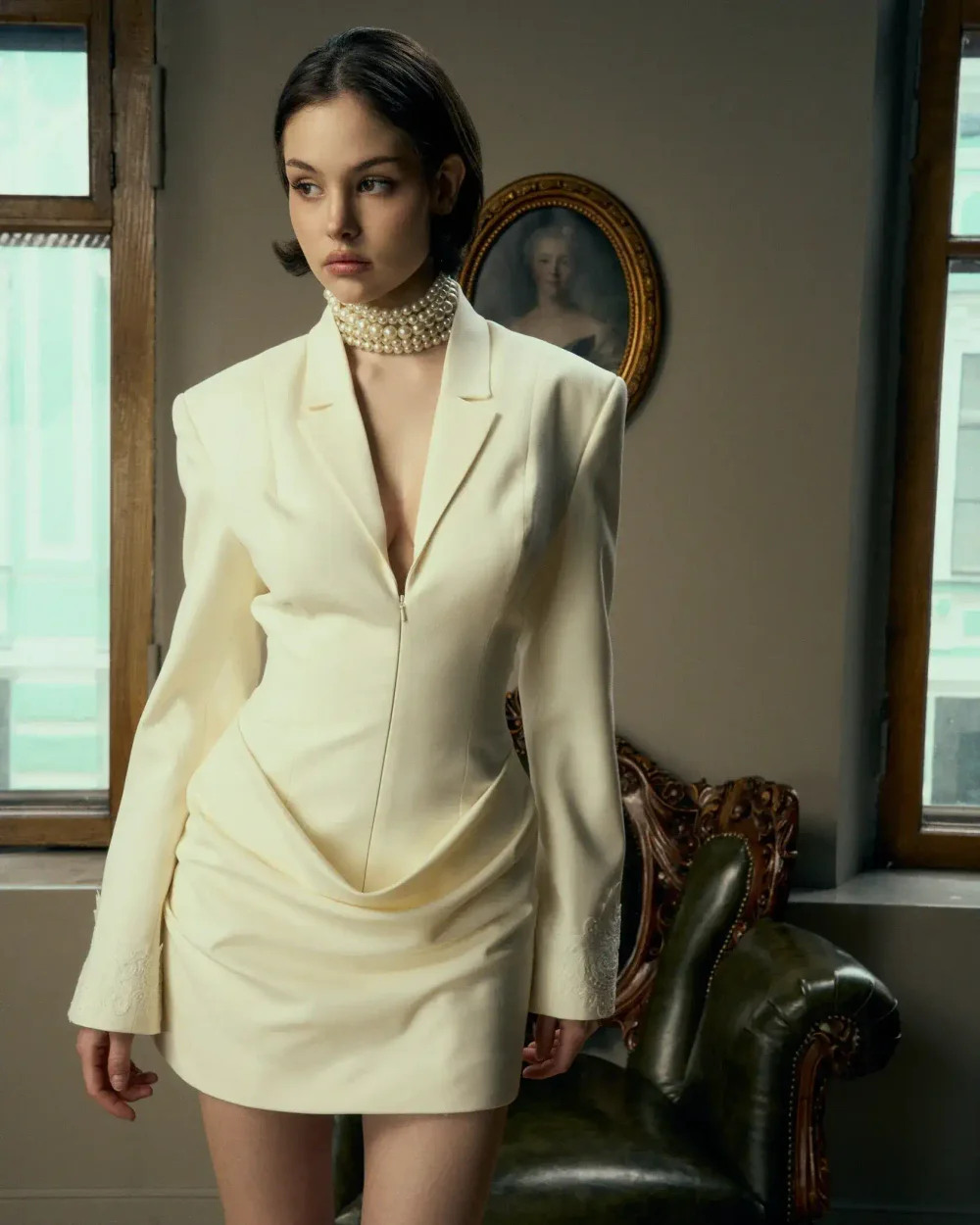 Платье-жакет с драпировкой, Белый