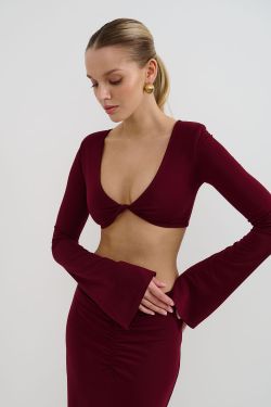Лонгслив с рукавами клеш из вискозы цвета бордо
