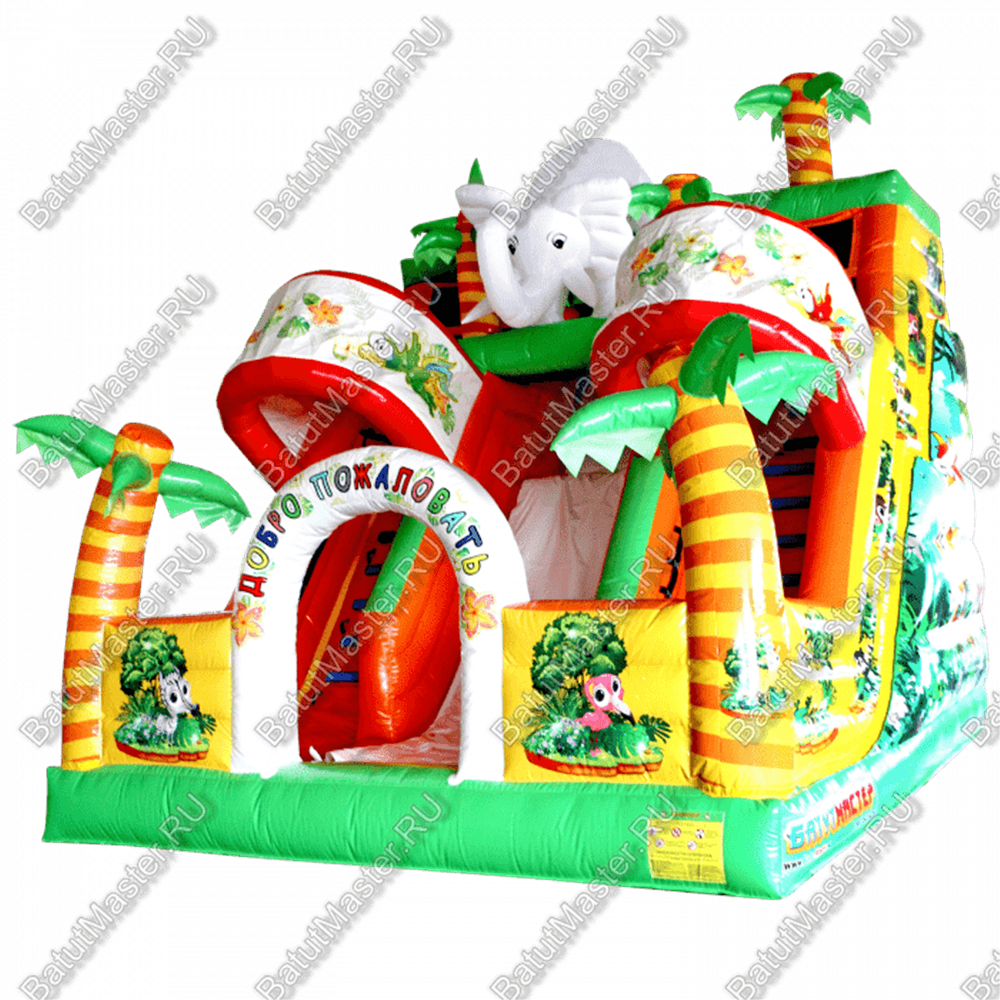 Надувной батут "Слоник в джунглях с двумя лестницами и широким скатом" 6*5*5.5 м